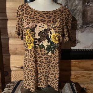 Leopard Print Short Sleeve Top with Yellow Floral Design